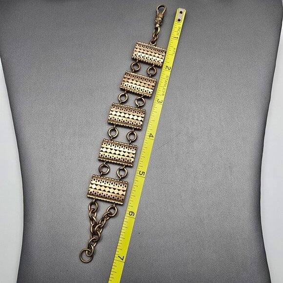 VTG Solid Copper Panel Link Bracelet 7" Geometric Cutout Designs Hook Clasp 50s - Picture 10 of 14